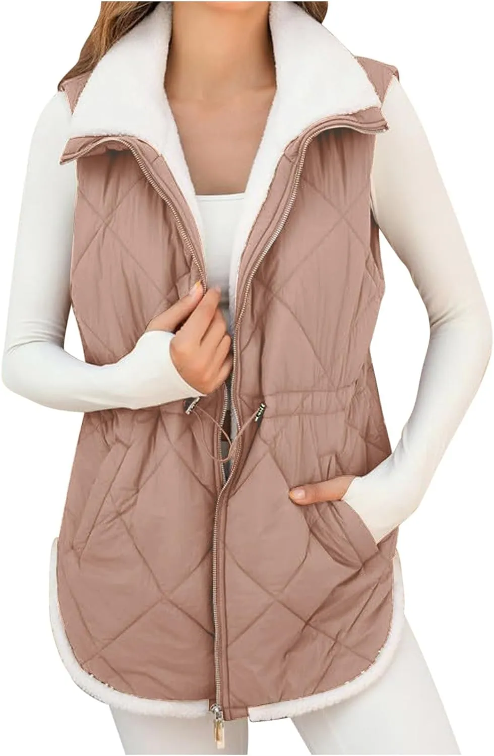 Puffer Vest Women Sleeveless Fleece Lined Zip Up Outwear Stand Collar Winter Warm Padded Down Jacket With Pockets