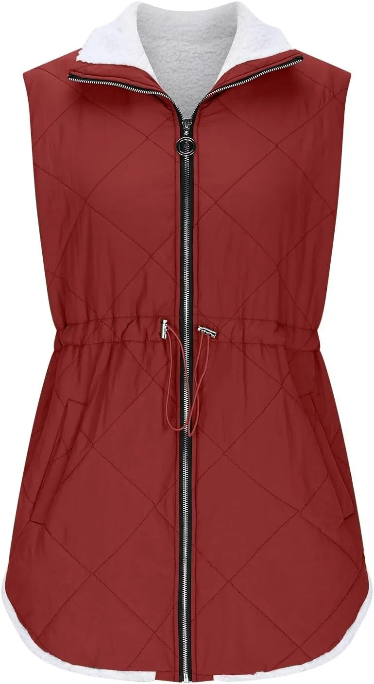 Puffer Vest Women Sleeveless Fleece Lined Zip Up Outwear Stand Collar Winter Warm Padded Down Jacket With Pockets