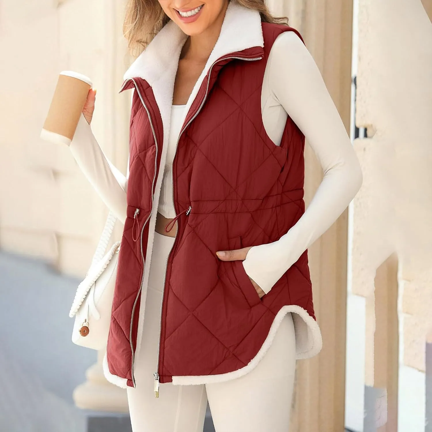 Puffer Vest Women Sleeveless Fleece Lined Zip Up Outwear Stand Collar Winter Warm Padded Down Jacket With Pockets