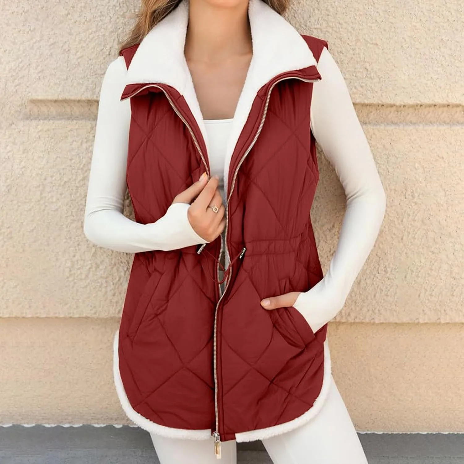Puffer Vest Women Sleeveless Fleece Lined Zip Up Outwear Stand Collar Winter Warm Padded Down Jacket With Pockets