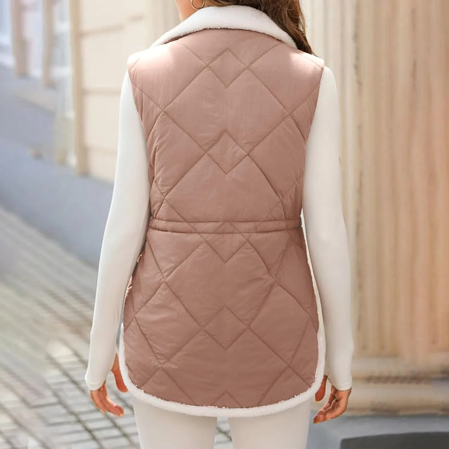 Puffer Vest Women Sleeveless Fleece Lined Zip Up Outwear Stand Collar Winter Warm Padded Down Jacket With Pockets