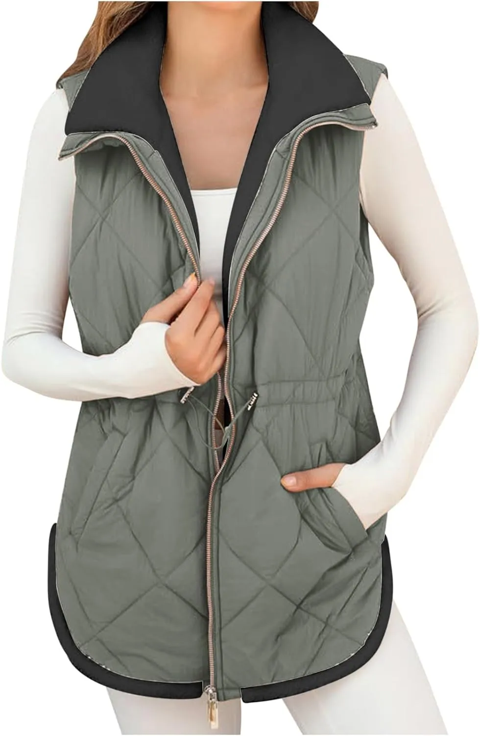 Puffer Vest Women Sleeveless Fleece Lined Zip Up Outwear Stand Collar Winter Warm Padded Down Jacket With Pockets