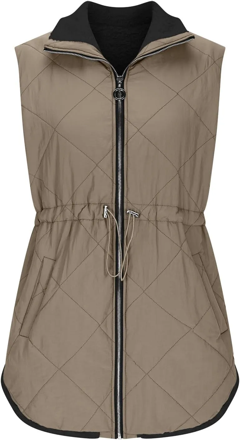 Puffer Vest Women Sleeveless Fleece Lined Zip Up Outwear Stand Collar Winter Warm Padded Down Jacket With Pockets