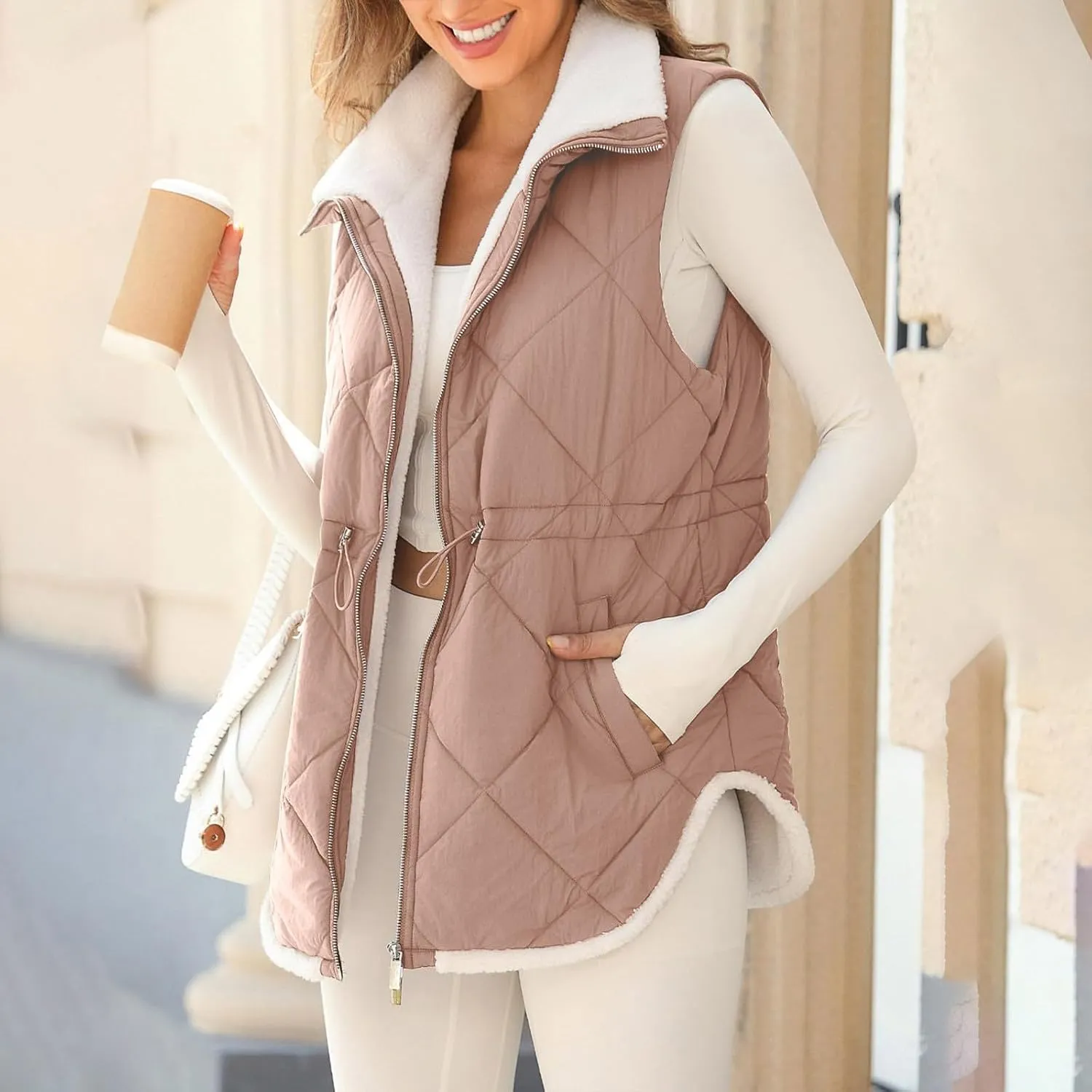 Puffer Vest Women Sleeveless Fleece Lined Zip Up Outwear Stand Collar Winter Warm Padded Down Jacket With Pockets