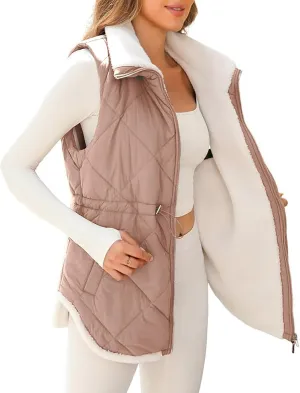 Puffer Vest Women Sleeveless Fleece Lined Zip Up Outwear Stand Collar Winter Warm Padded Down Jacket With Pockets