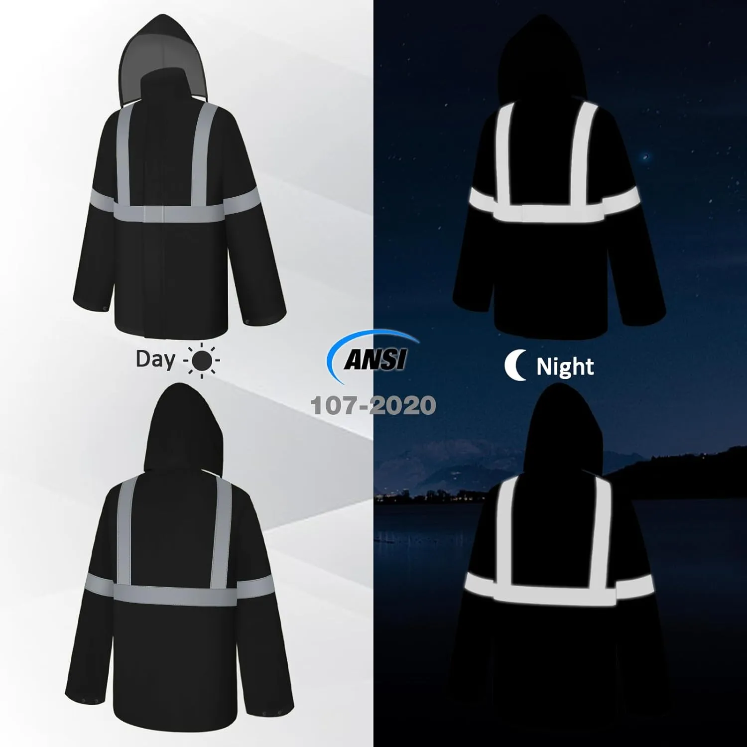Rain Jacket, High Visibility Rain Coat and Pants, Waterproof Raincoat with Hood, Lightweight Rain Suit for Outdoor Activities, Rain Ponchos for Adults Reusable, Men Women, Black B, L-XL