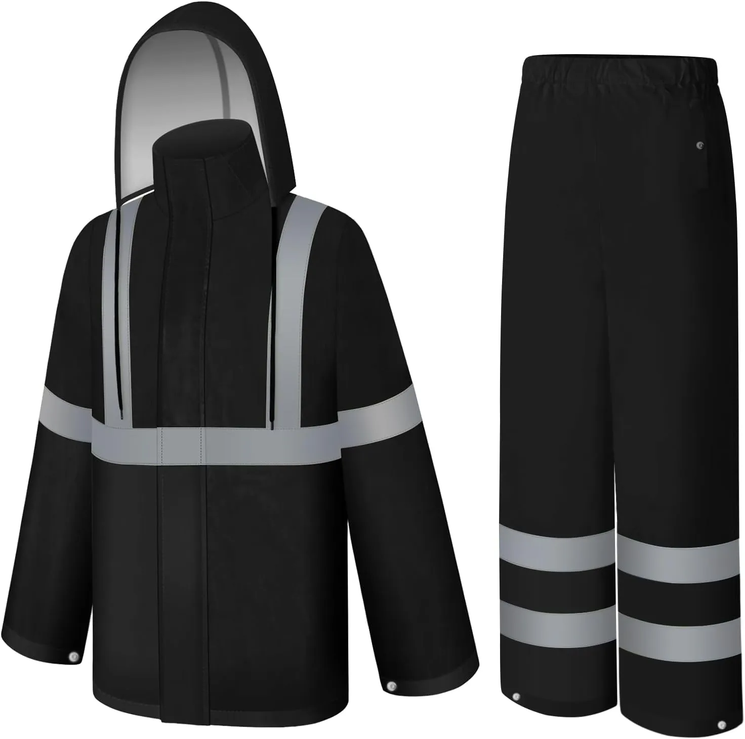 Rain Jacket, High Visibility Rain Coat and Pants, Waterproof Raincoat with Hood, Lightweight Rain Suit for Outdoor Activities, Rain Ponchos for Adults Reusable, Men Women, Black B, L-XL