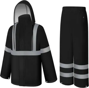 Rain Jacket, High Visibility Rain Coat and Pants, Waterproof Raincoat with Hood, Lightweight Rain Suit for Outdoor Activities, Rain Ponchos for Adults Reusable, Men Women, Black B, L-XL