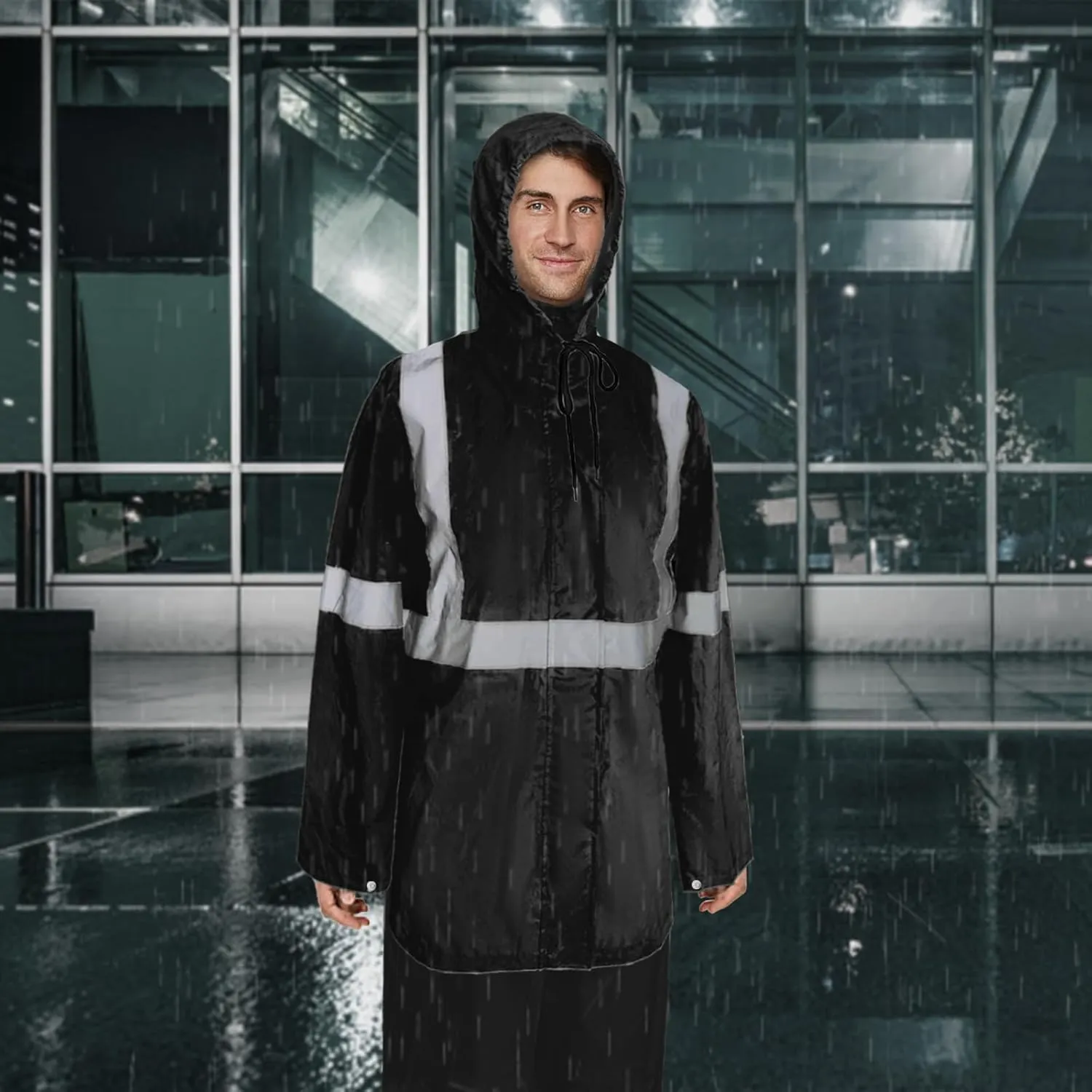 Rain Jacket, High Visibility Rain Coat and Pants, Waterproof Raincoat with Hood, Lightweight Rain Suit for Outdoor Activities, Rain Ponchos for Adults Reusable, Men Women, Black B, L-XL