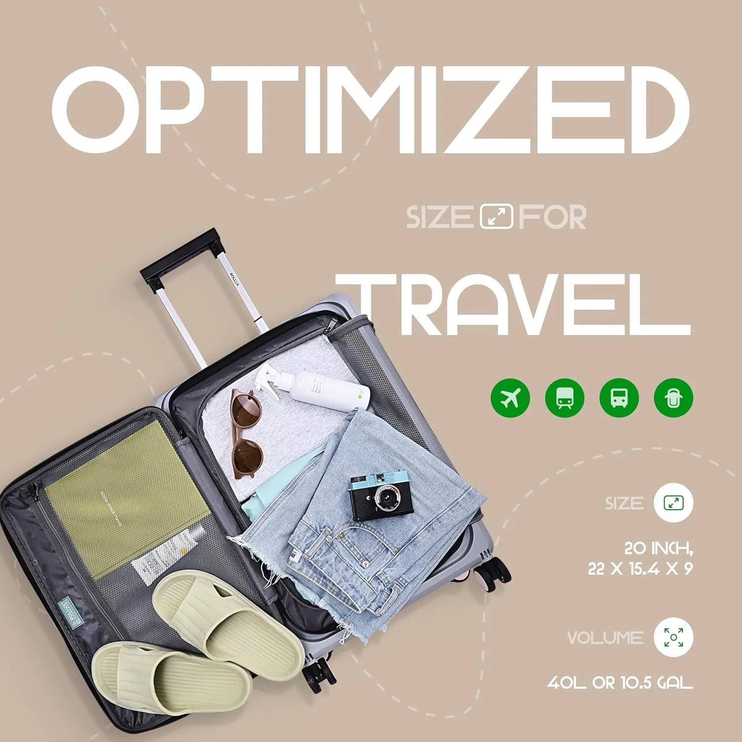 Rollux 4-Wheel Collapsable Spinner Carry-On Luggage with TSA Lock, Hard Shell with Double-Wheels Suitcase for Travel, Business Trip, Kahki / Grey, 20-Inch Carry-On, Hard Shell Collapsable Spinner