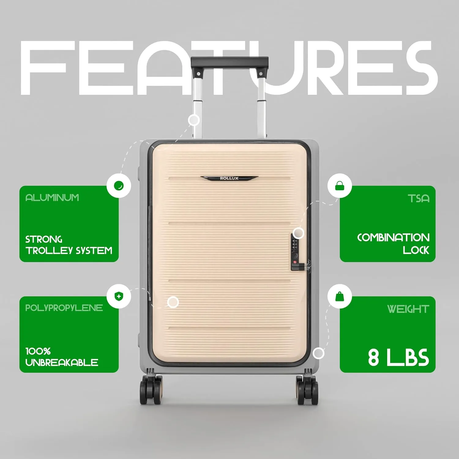 Rollux 4-Wheel Collapsable Spinner Carry-On Luggage with TSA Lock, Hard Shell with Double-Wheels Suitcase for Travel, Business Trip, Kahki / Grey, 20-Inch Carry-On, Hard Shell Collapsable Spinner