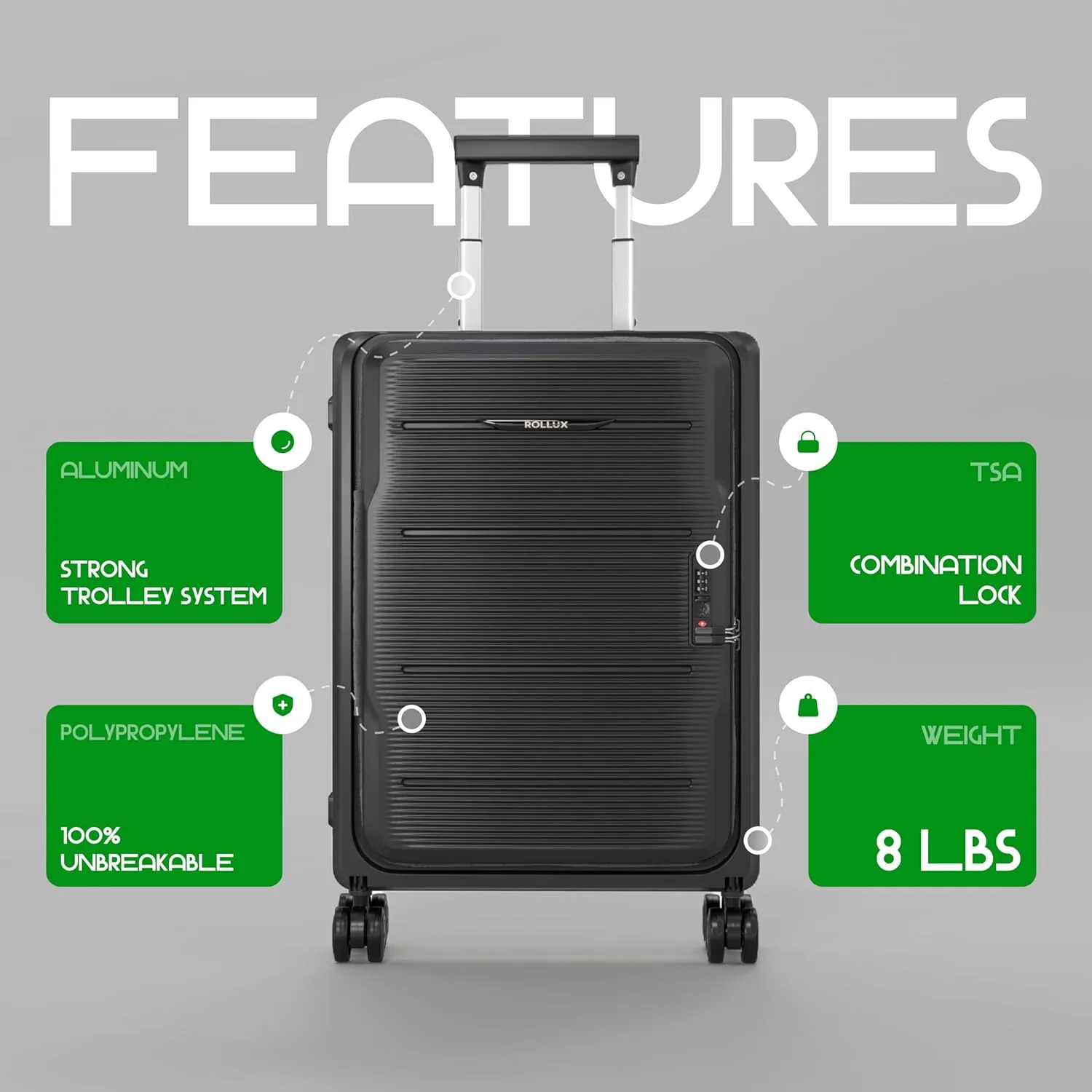 Rollux Collapsible Suitcase with Wheels, Water and Impact Resistant Hard Shell Carry On Luggage with Silent Double Spinner Wheels, 20 Inch Carry On Luggage with TSA Lock, [20 inch]  Black
