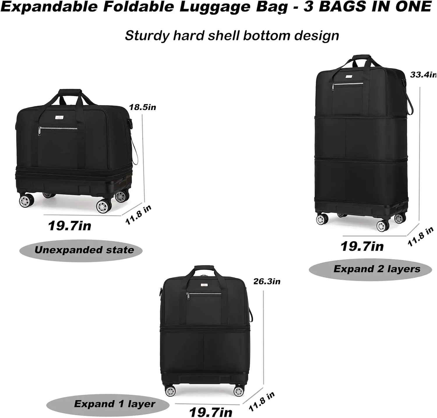 SOBIY Large Expandable Foldable Luggage Collapsible Suitcases Rolling Travel Duffel Bag Lightweight Carry-on Suitcase with Spinner Wheels &Anti-Collision Base Case for Women and Men, BLACK, xl, Large