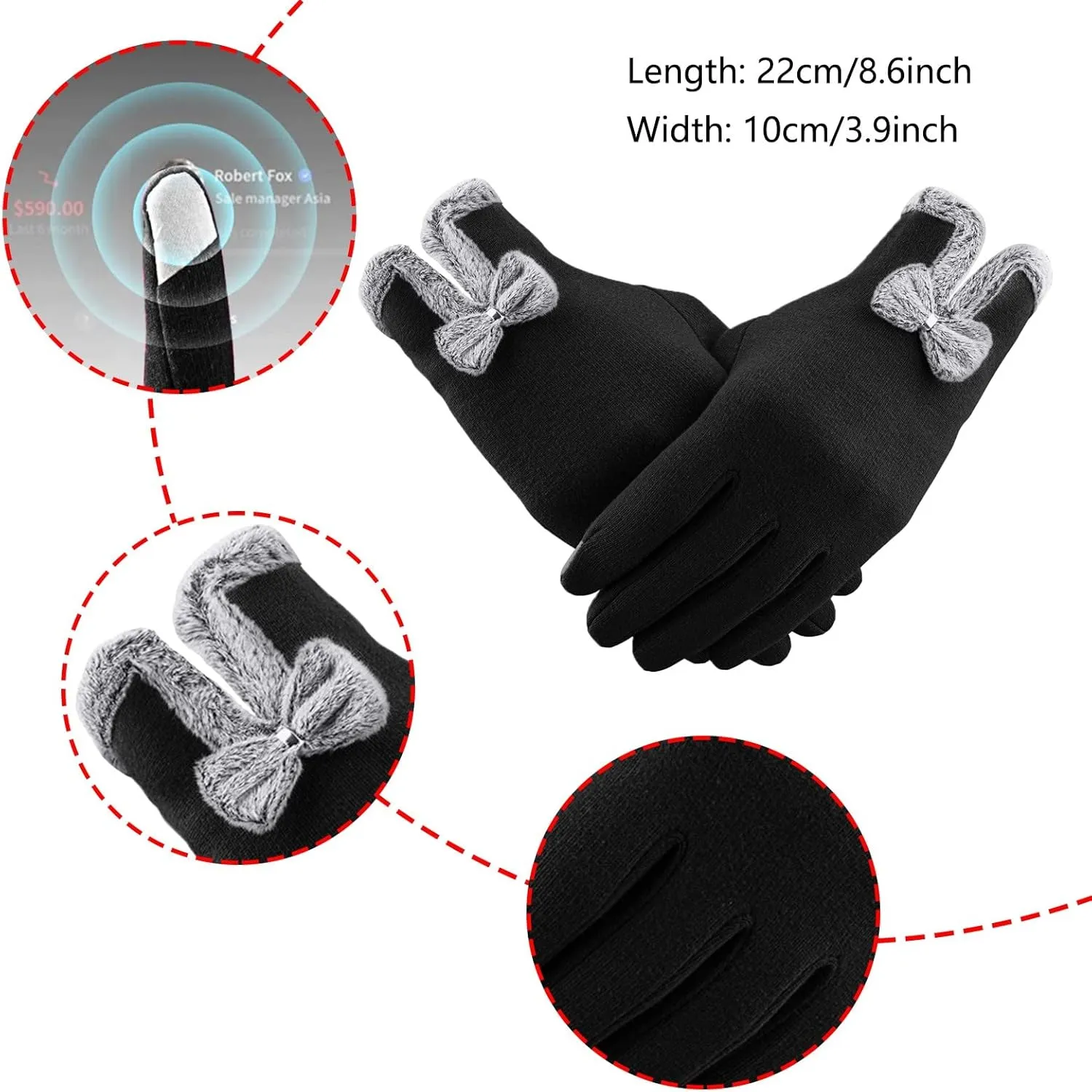 Suede Gloves Women Winter Plus Velvet Thickened Gloves Winter Warm Touchscreen Cycling Gloves (Black, One Size)
