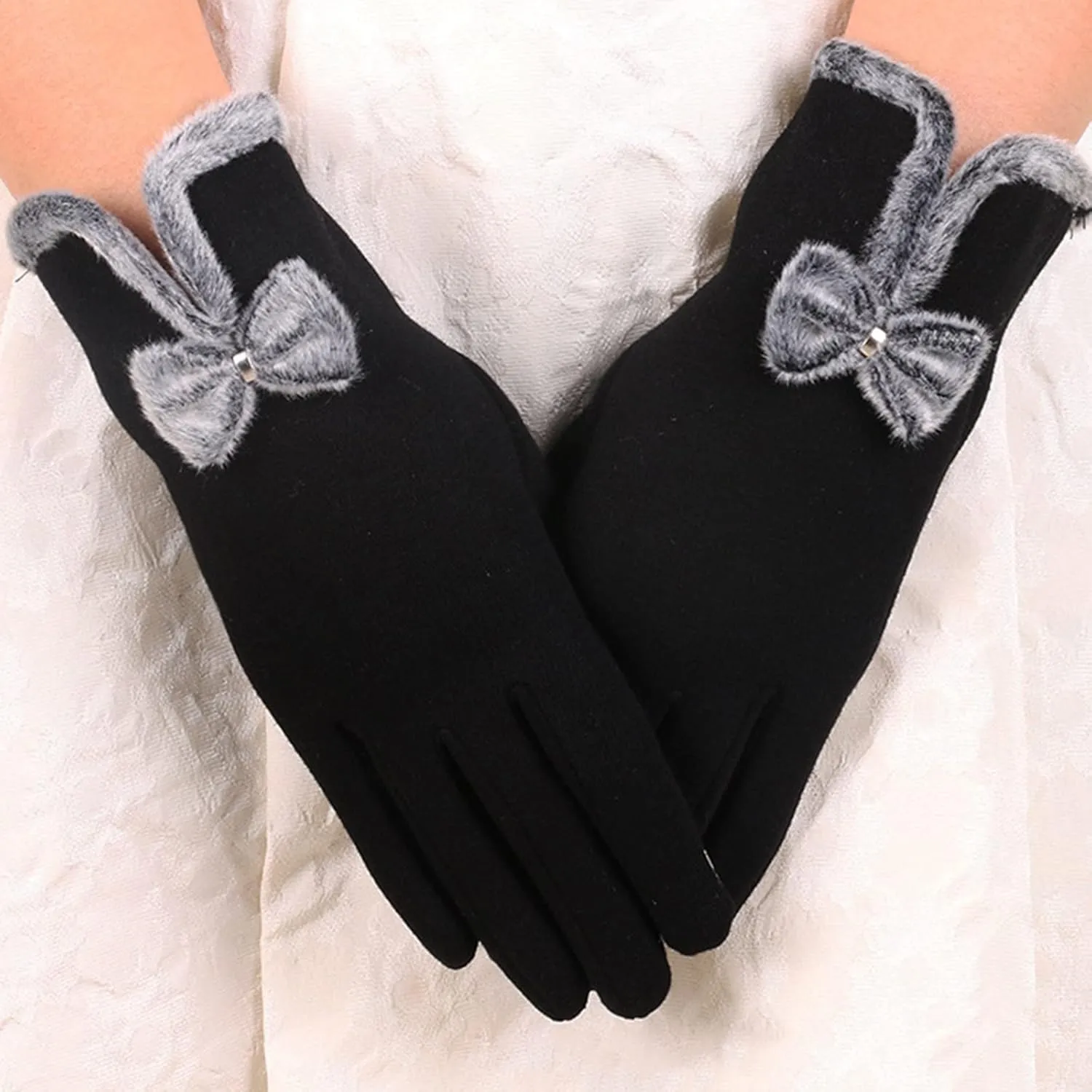 Suede Gloves Women Winter Plus Velvet Thickened Gloves Winter Warm Touchscreen Cycling Gloves (Black, One Size)