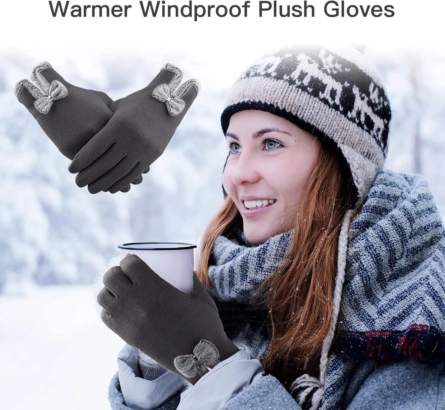 Suede Gloves Women Winter Plus Velvet Thickened Gloves Winter Warm Touchscreen Cycling Gloves (Grey, One Size)