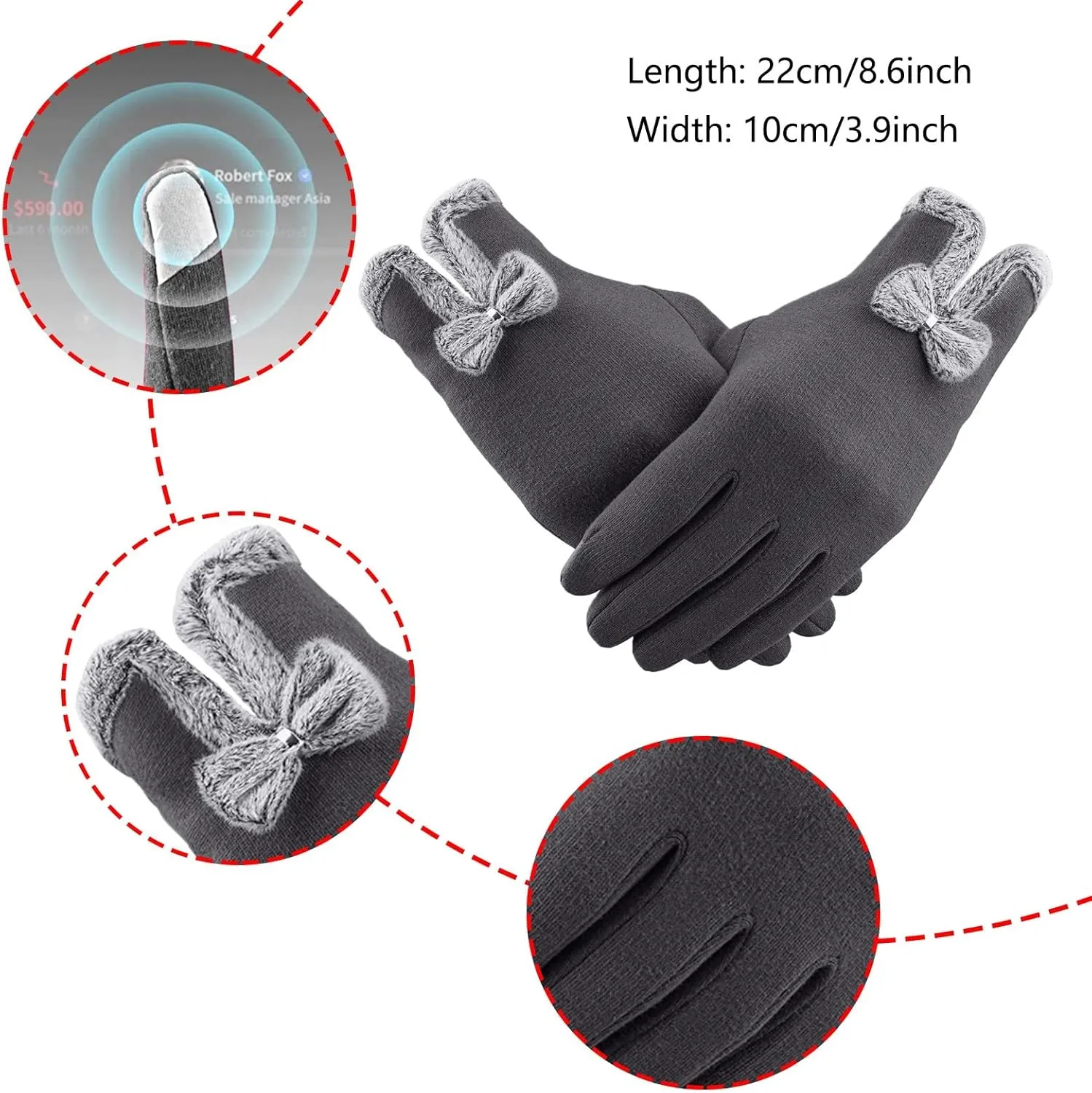 Suede Gloves Women Winter Plus Velvet Thickened Gloves Winter Warm Touchscreen Cycling Gloves (Grey, One Size)