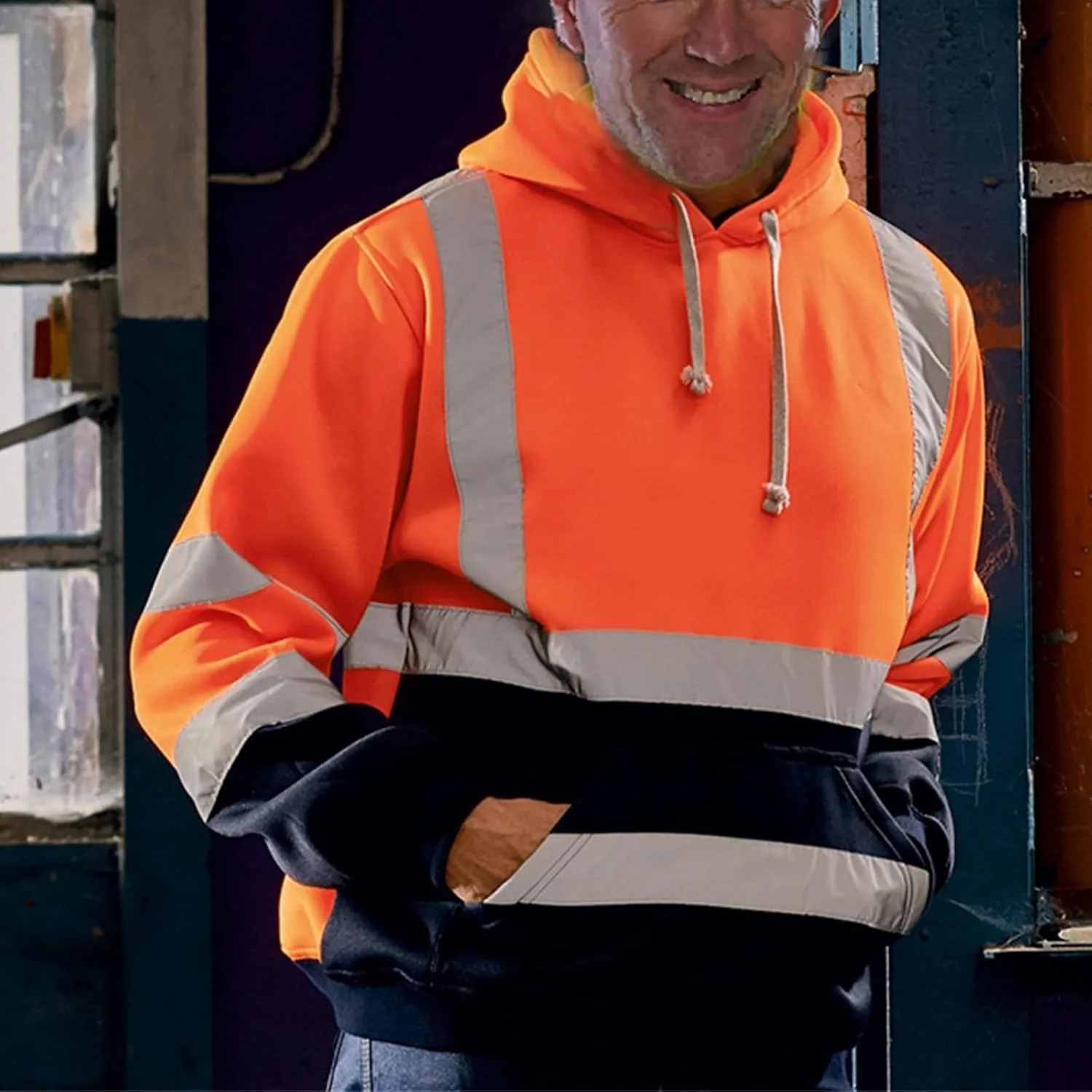 Thatrich High Visibility Safety Sweatshirt for Men, Class 3 Reflective Zippered Hooded Sweatshirts, Hi-Vis Safety Hoodies