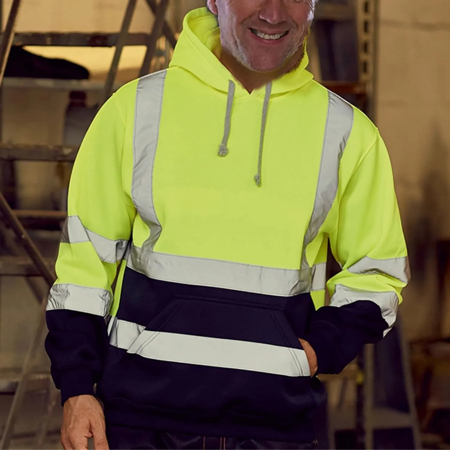 Thatrich High Visibility Safety Sweatshirt for Men, Class 3 Reflective Zippered Hooded Sweatshirts, Hi-Vis Safety Hoodies