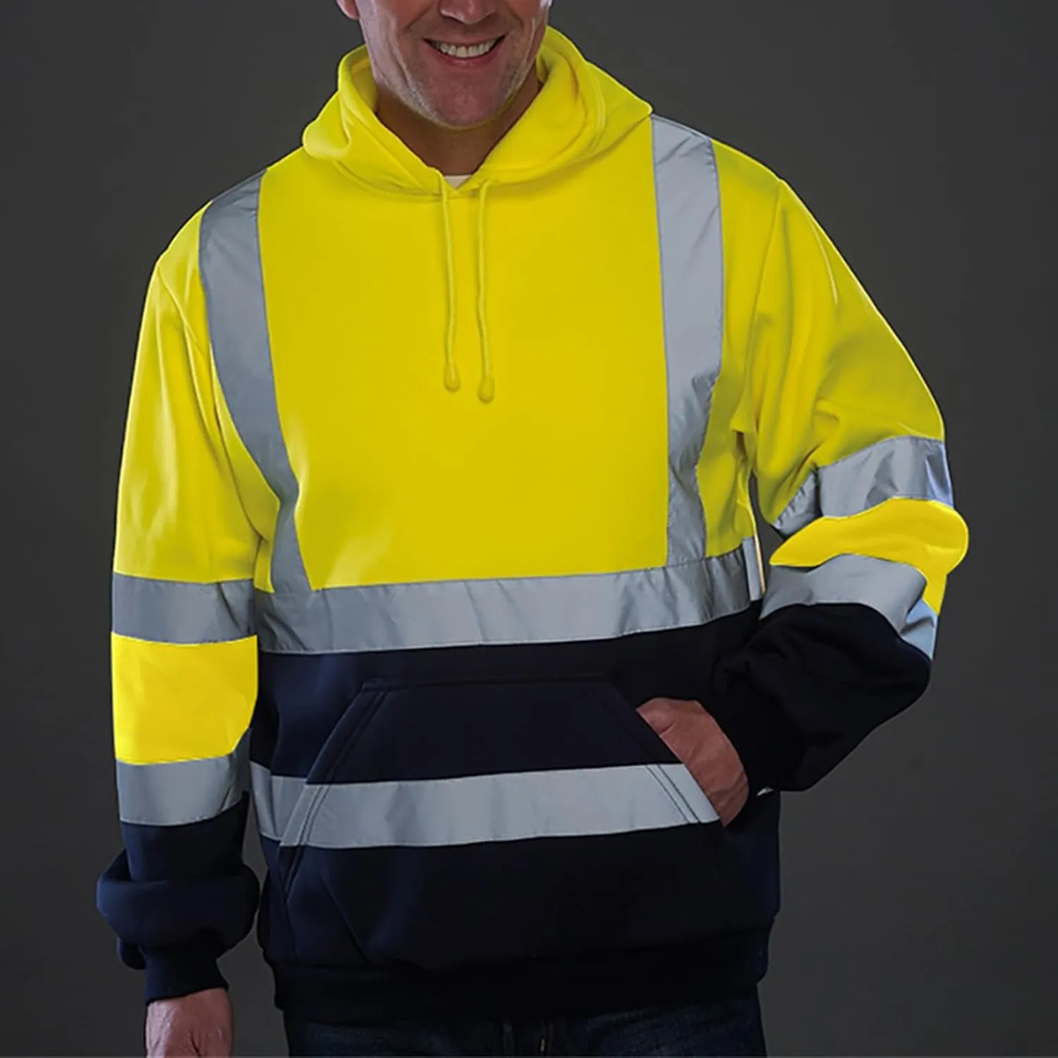 Thatrich High Visibility Safety Sweatshirt for Men, Class 3 Reflective Zippered Hooded Sweatshirts, Hi-Vis Safety Hoodies