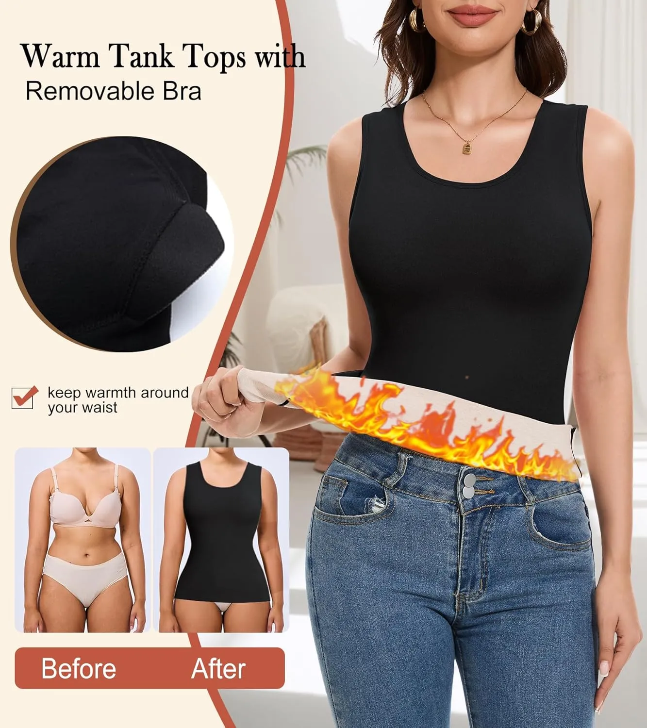 Thermal Tank Top Women Fleece Lined Undershirt V Neck Lace Camisole Tops Warm Base Layer Underwear Cami Vest