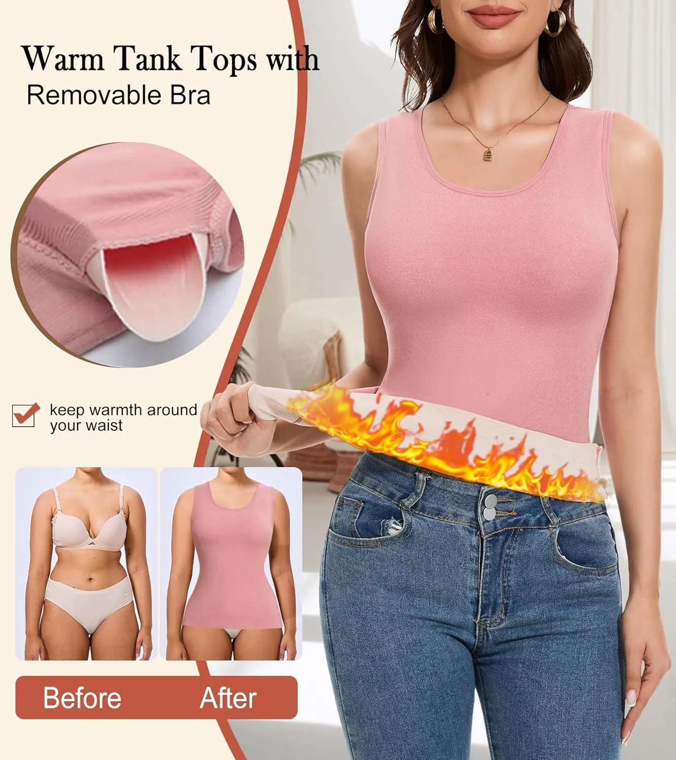 Thermal Tank Top Women Fleece Lined Undershirt V Neck Lace Camisole Tops Warm Base Layer Underwear Cami Vest