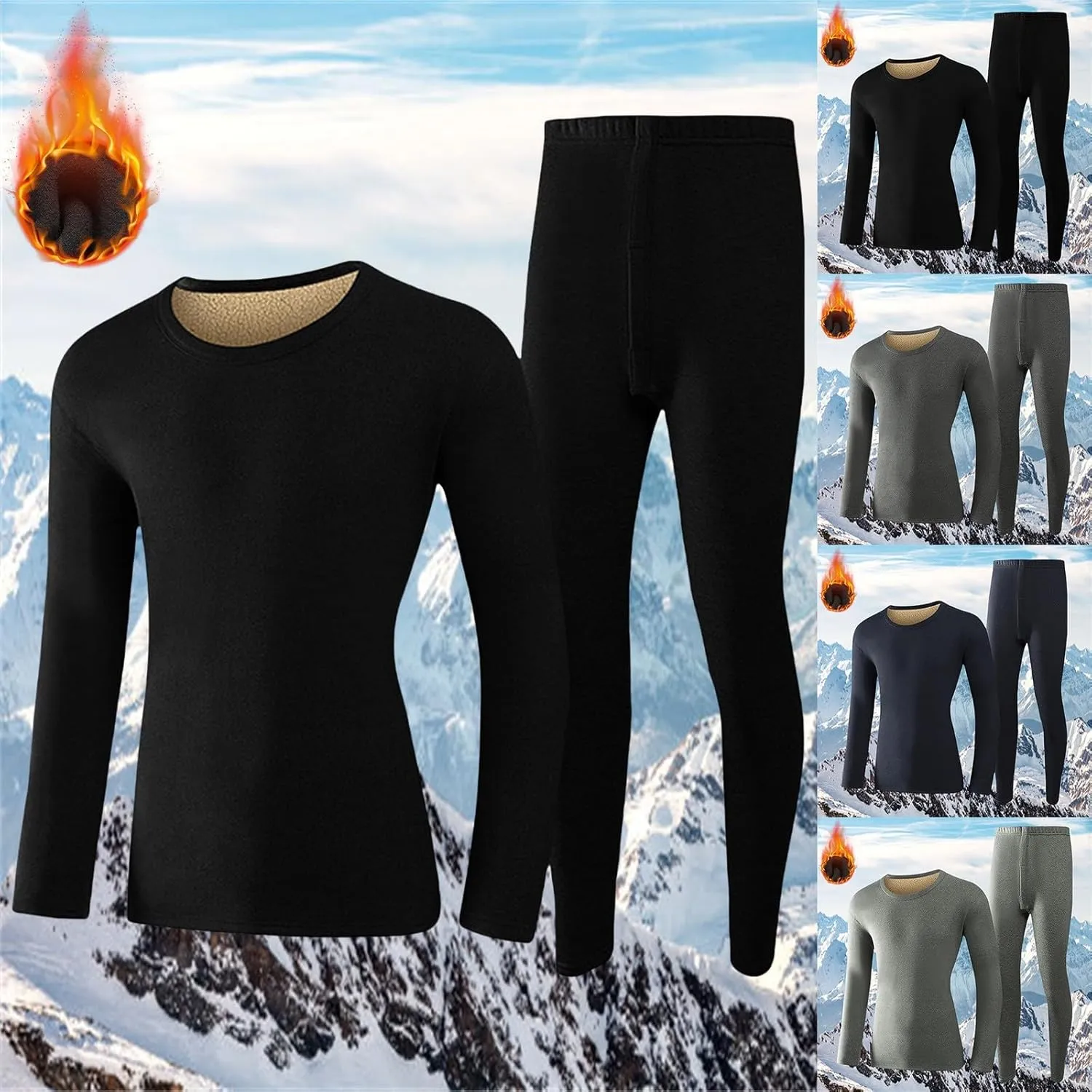 Thermal Underwear Set for Men Men's Autumn and Winter Solid Round Neck Cold Weather Fleece Lined Top Bottom