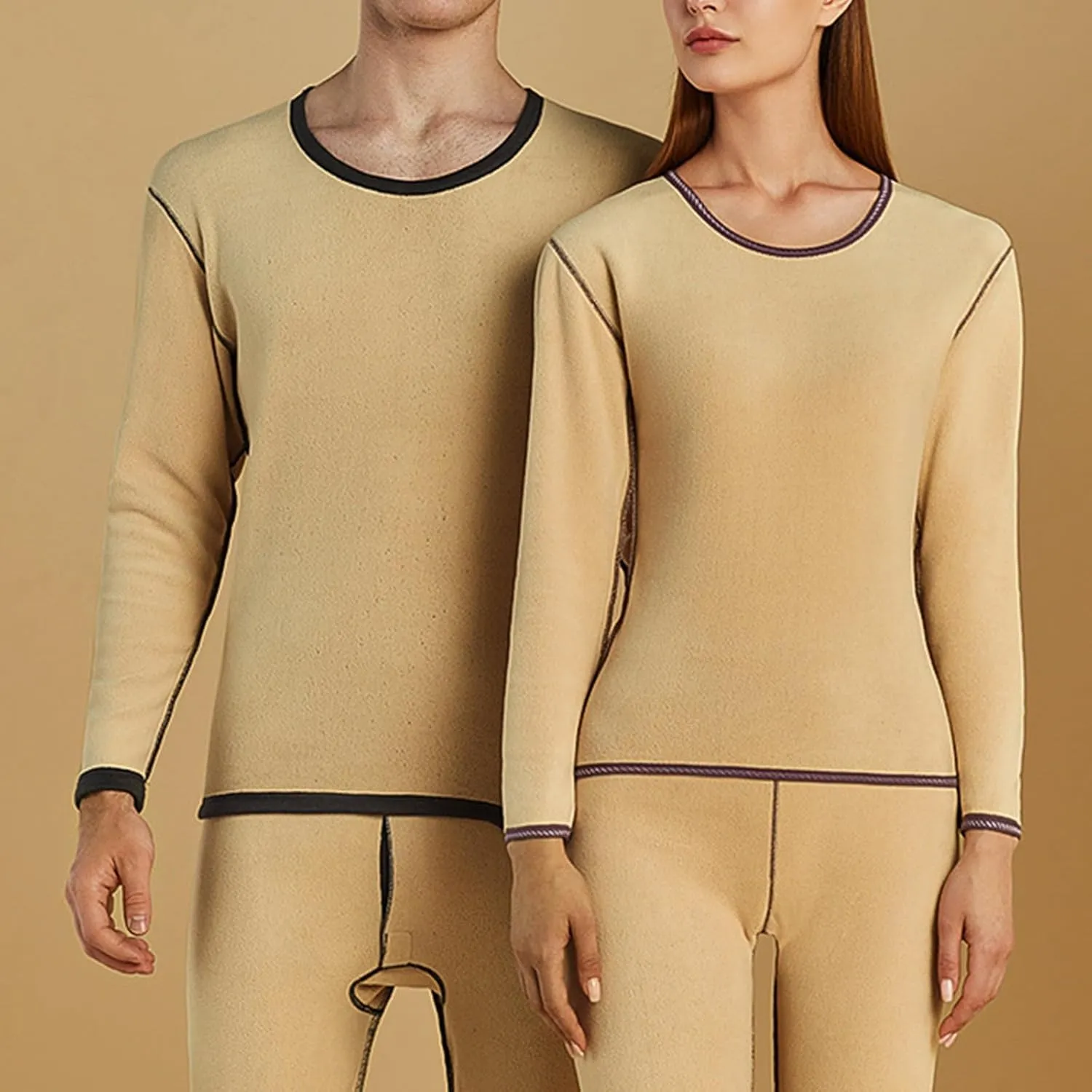 Thermal Underwear Set for Men Men's Autumn and Winter Solid Round Neck Cold Weather Fleece Lined Top Bottom