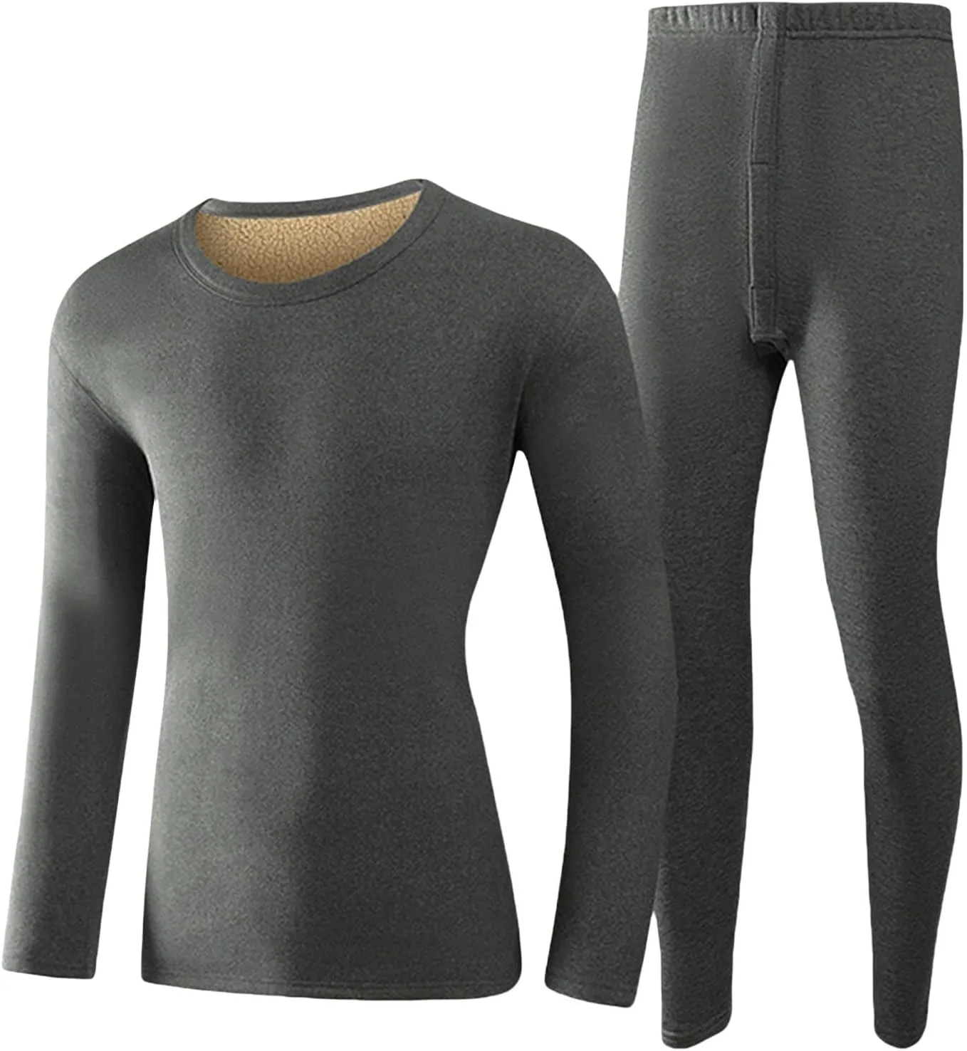 Thermal Underwear Set for Men Men's Autumn and Winter Solid Round Neck Cold Weather Fleece Lined Top Bottom