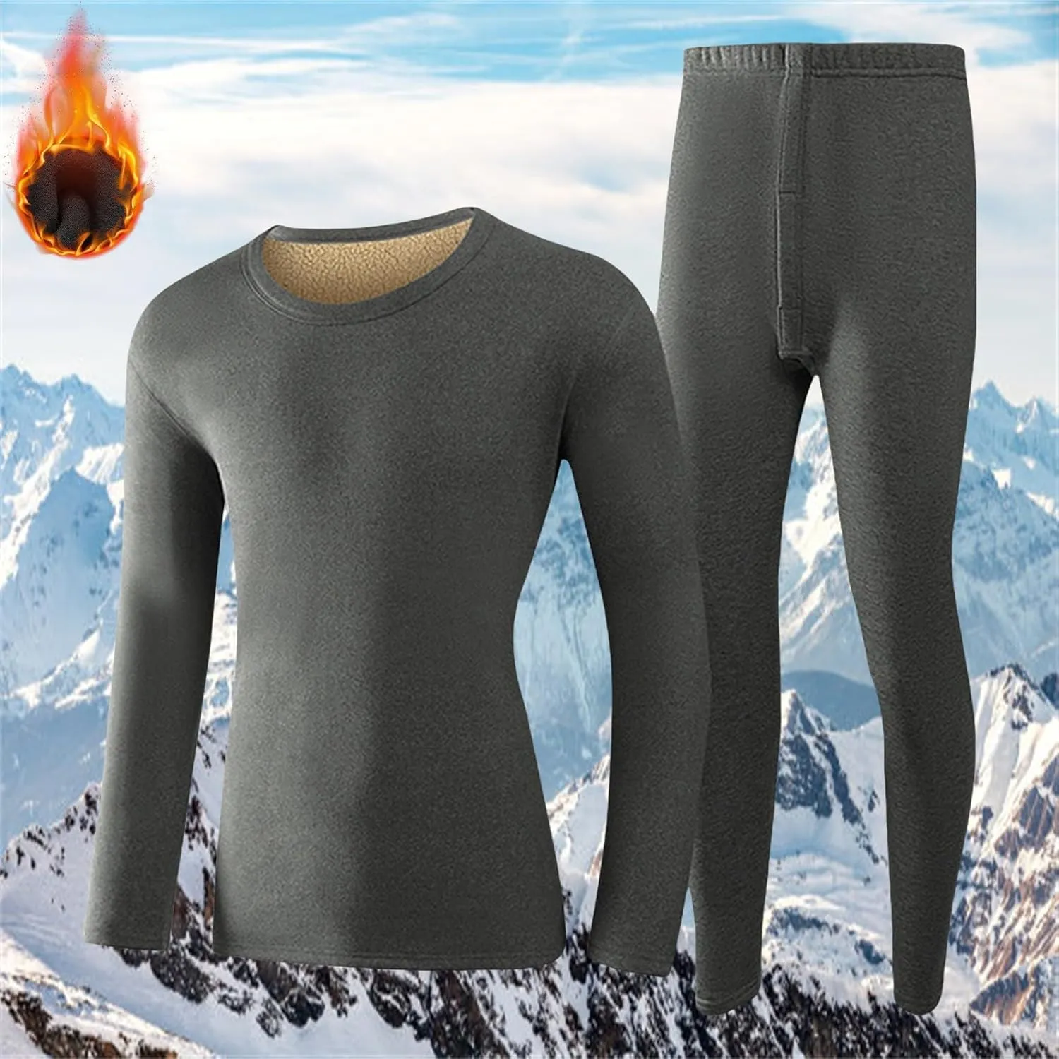 Thermal Underwear Set for Men Men's Autumn and Winter Solid Round Neck Cold Weather Fleece Lined Top Bottom
