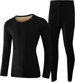 Thermal Underwear Set for Men Men's Autumn and Winter Solid Round Neck Cold Weather Fleece Lined Top Bottom