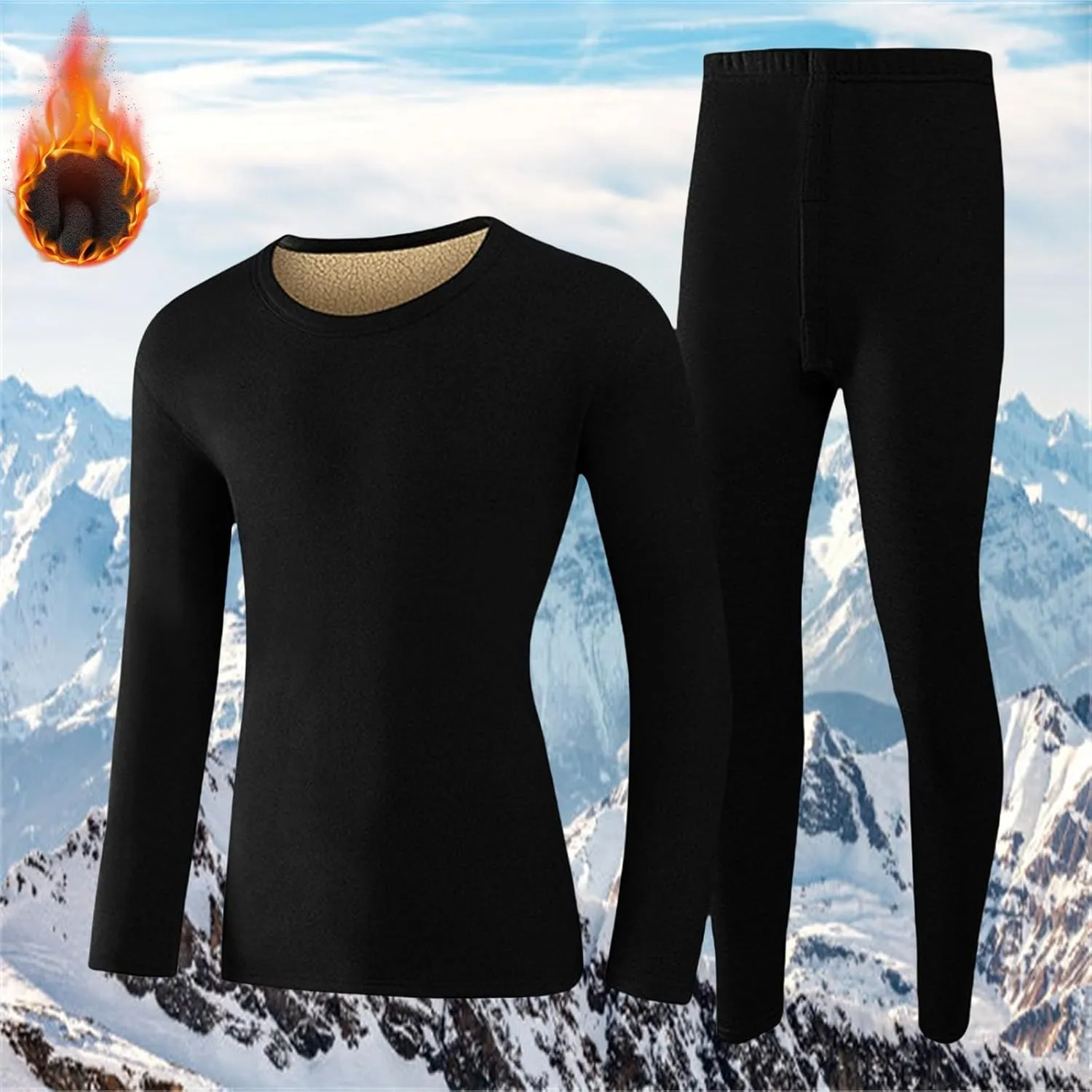 Thermal Underwear Set for Men Men's Autumn and Winter Solid Round Neck Cold Weather Fleece Lined Top Bottom