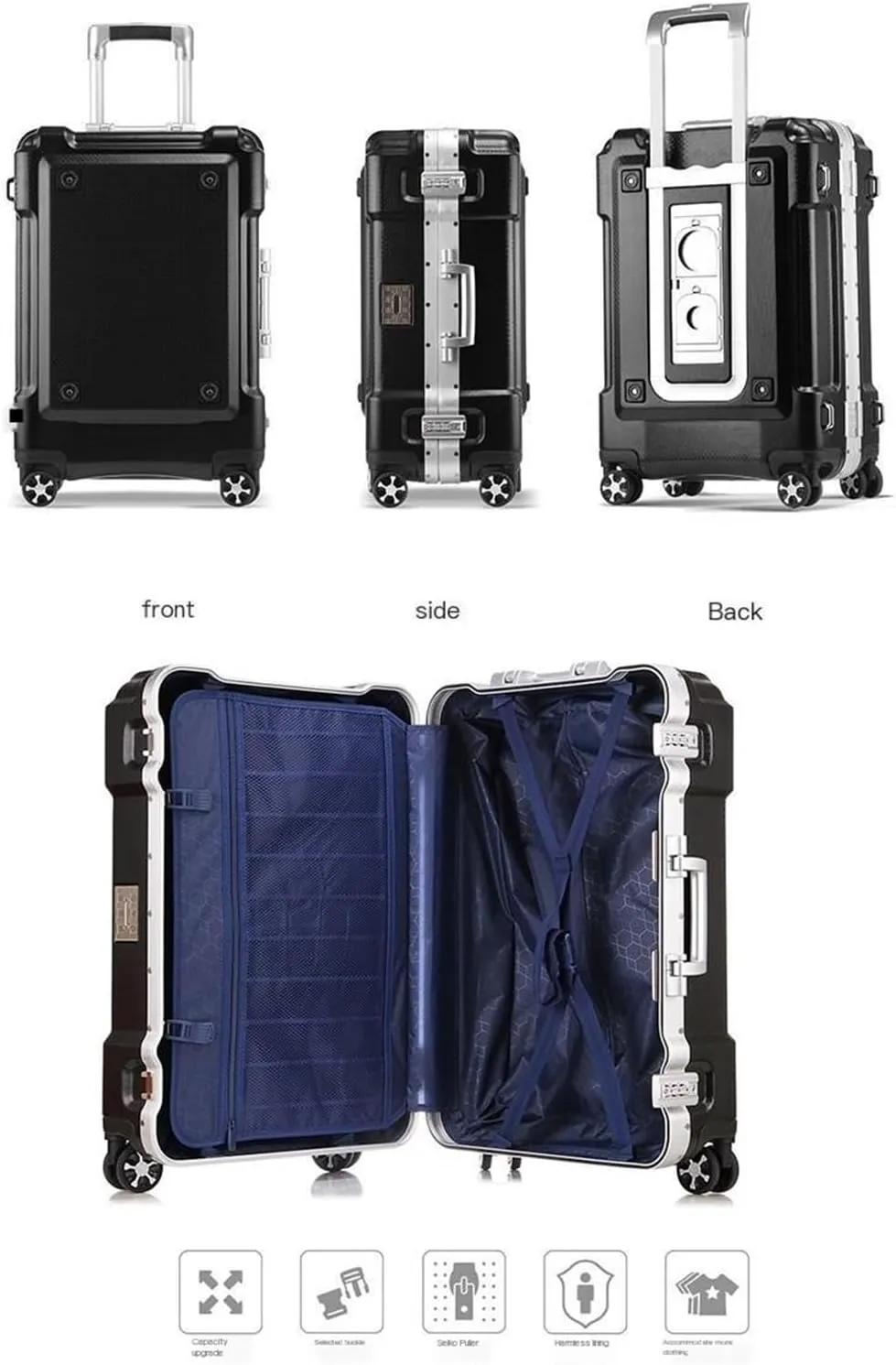 Travel Suitcases with Wheels Luggage Aluminum Frame Trolley Case Trolley Case Travel Case Stylish Simple Luggage Boarding Case With Water Cup Holder (Color : Black, Size : 20inch)