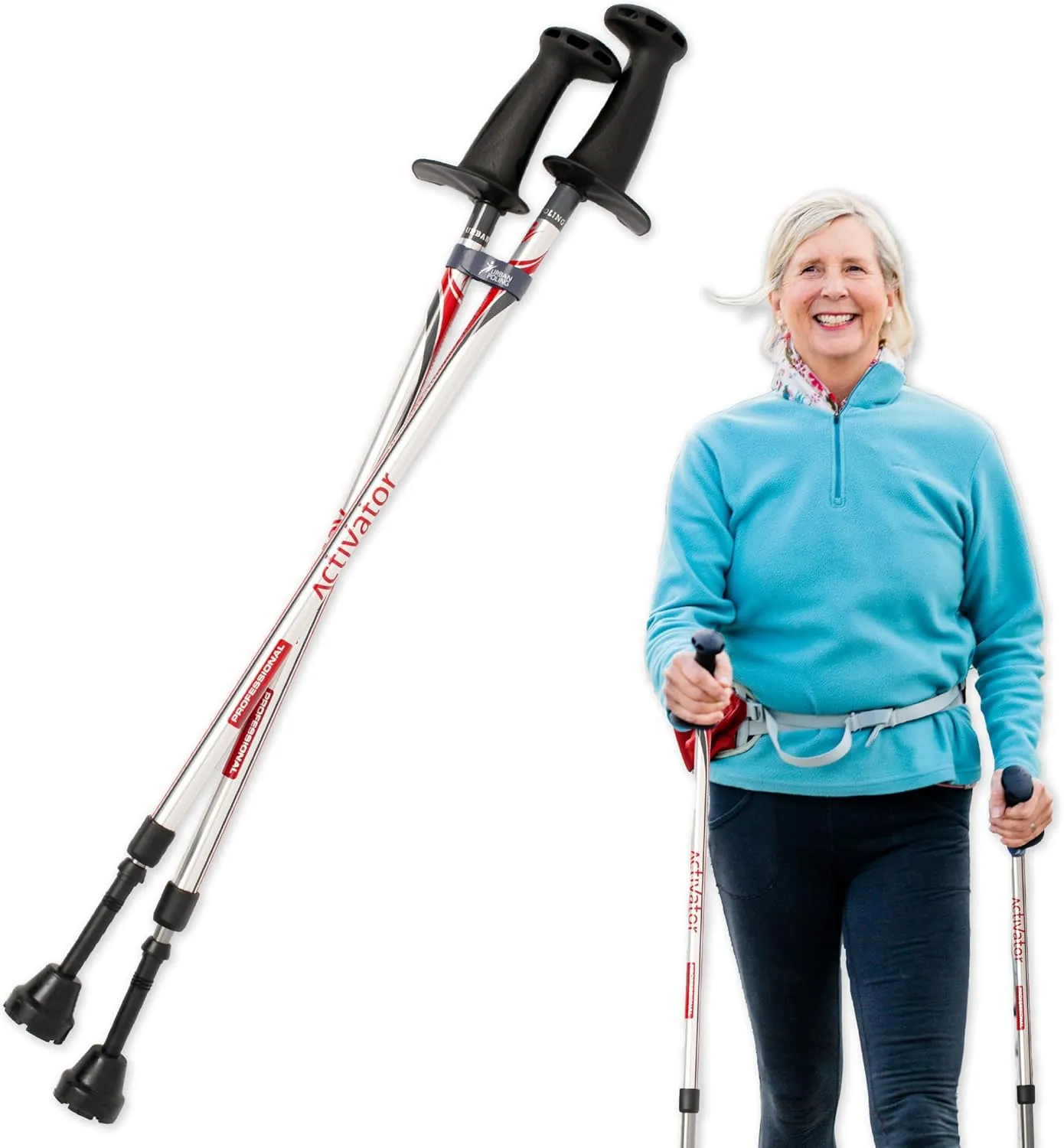 Urban Poling ACTIVATOR Walking Poles for Balance and Rehabilitation  1 Pair  Ergonomic CoreGrip Handles  Adjustable, Collapsible, and Lightweight for Stability and Recovery in Silver/Red