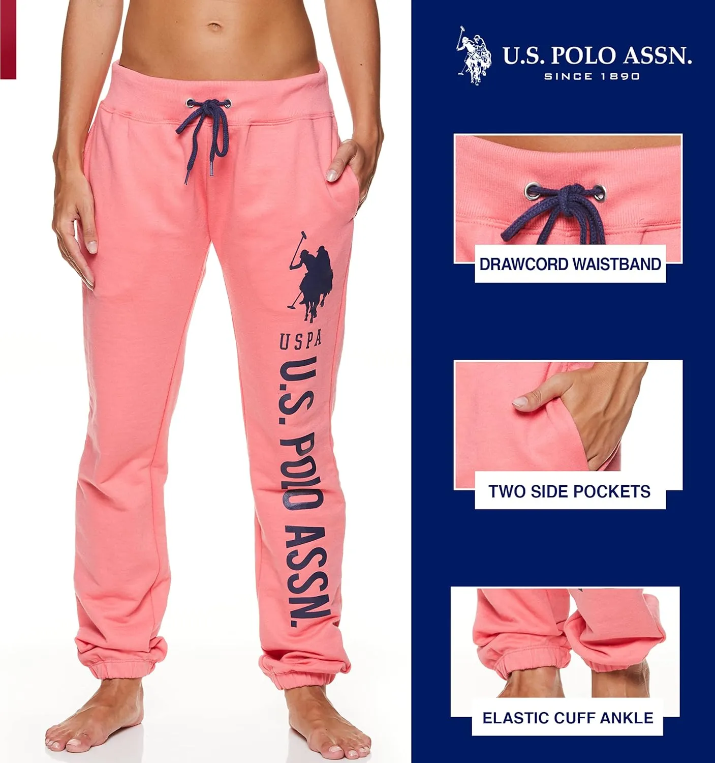 U.S. Polo Assn. Essentials Womens Sweatpants with Pockets, Comfy and Breathable French Terry Joggers for Women
