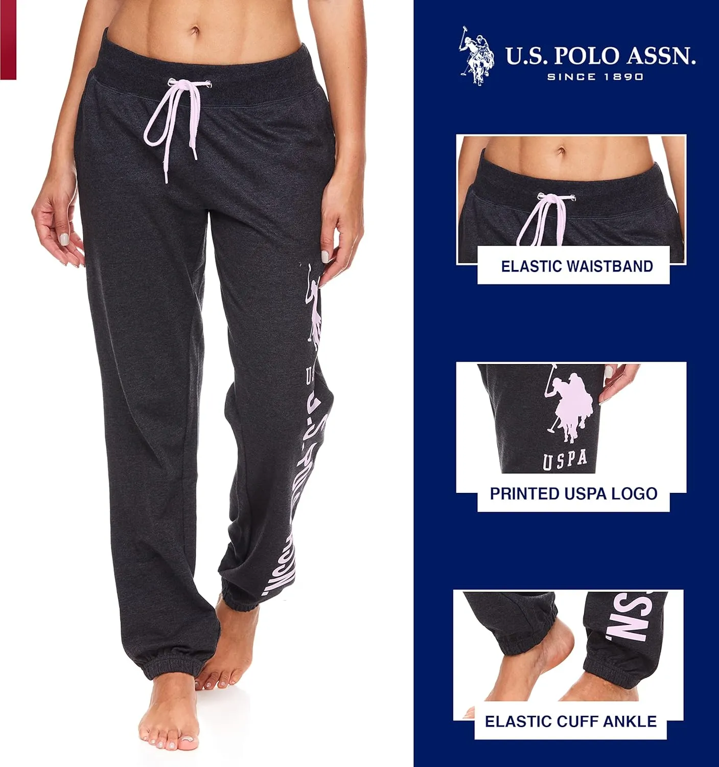 U.S. Polo Assn. Essentials Womens Sweatpants with Pockets, Comfy and Breathable French Terry Joggers for Women
