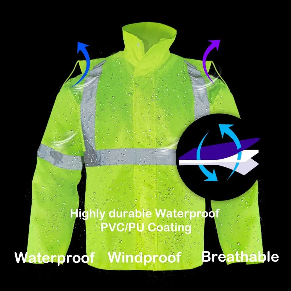VENDACE Hi Vis Reflective Rain Jacket Suit and Pants for Men Waterproof Class 3 High Visibility Safety Rain Gear Raincoat(S/M)