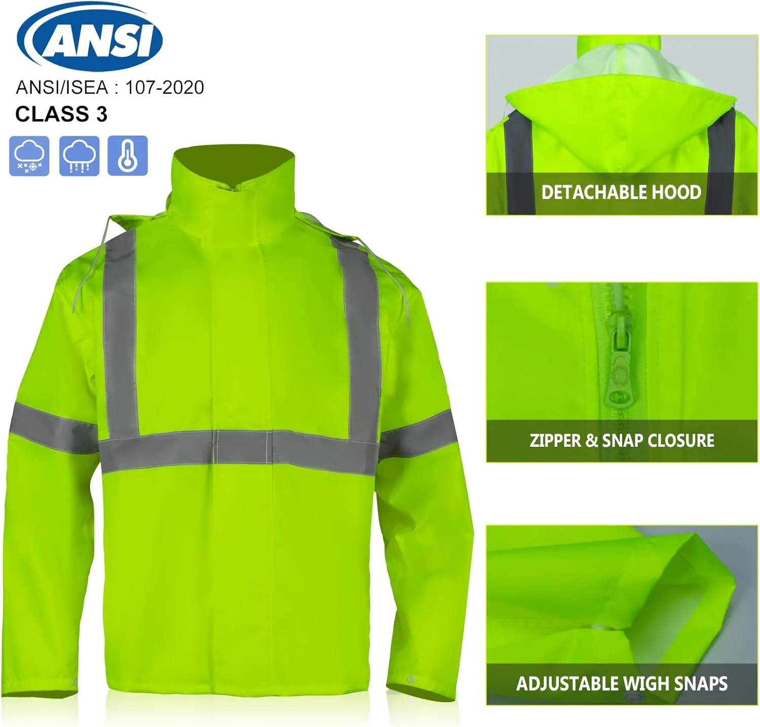 VENDACE Hi Vis Reflective Rain Jacket Suit and Pants for Men Waterproof Class 3 High Visibility Safety Rain Gear Raincoat(S/M)