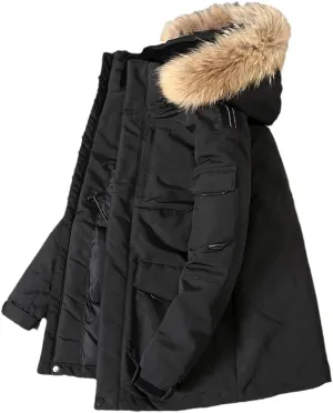 Winter Warm Men's Parka Coat Thick Fur Collar Hooded Jacket Casual Long-Sleeved Zipper Outdoor Clothing
