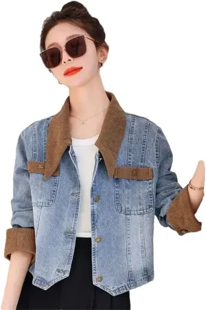 Women Cowboy Short Small Denim Jacket For Patchwork Outdoor Clothing Coat