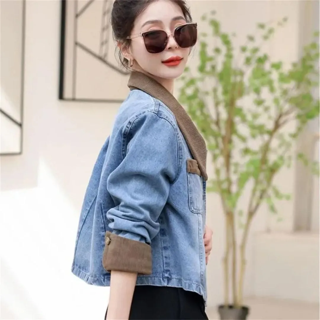 Women Cowboy Short Small Denim Jacket For Patchwork Outdoor Clothing Coat