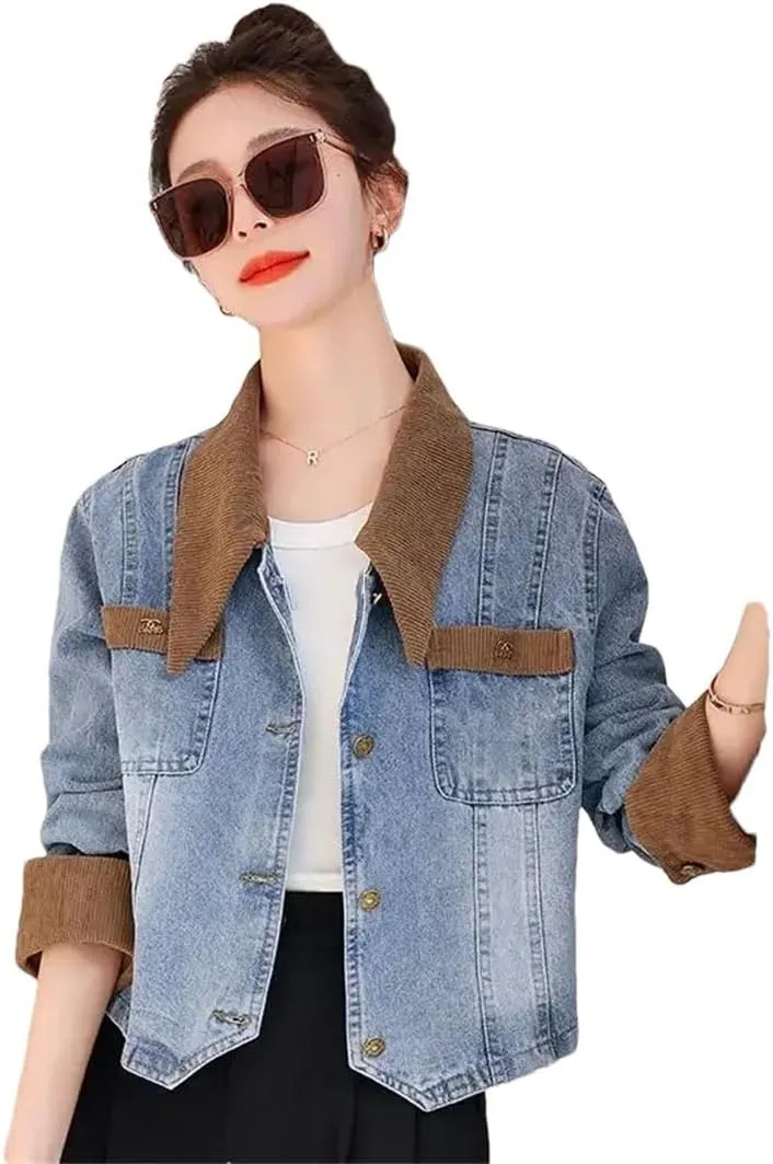 Women Cowboy Short Small Denim Jacket For Patchwork Outdoor Clothing Coat