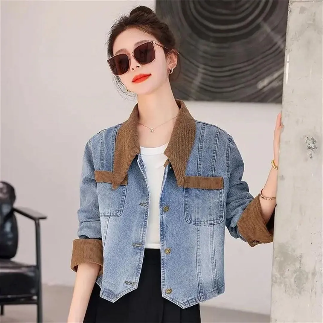 Women Cowboy Short Small Denim Jacket For Patchwork Outdoor Clothing Coat