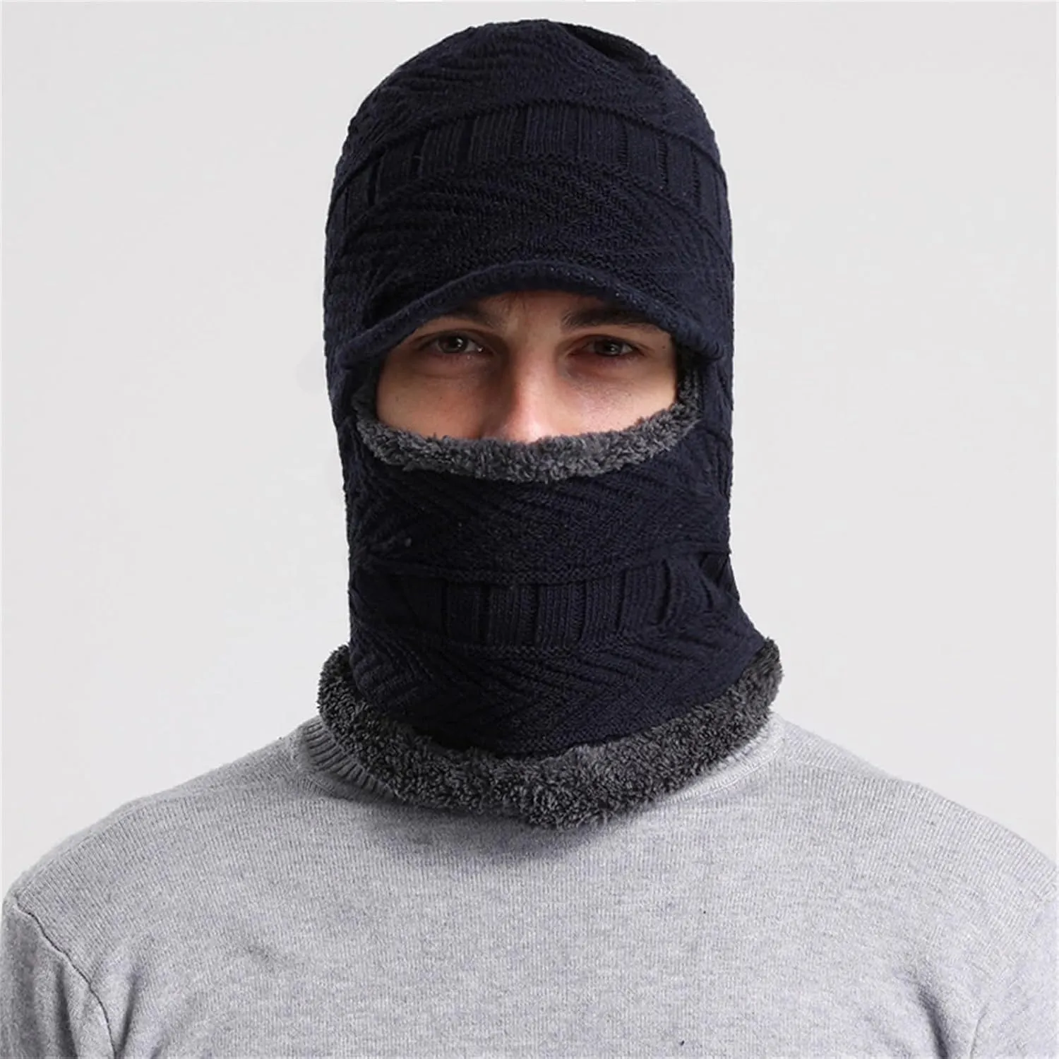 Women Knitted Hoodie Hat Winter Cycling Windproof Warm Scarf Mask Cap Set, 3 in 1 Plush Collar Hat Outdoor Collar Hat Outdoor