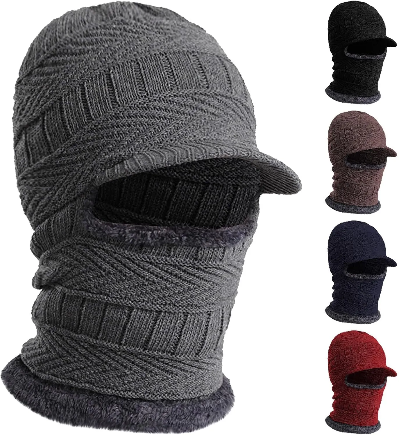 Women Knitted Hoodie Hat Winter Cycling Windproof Warm Scarf Mask Cap Set, 3 in 1 Plush Collar Hat Outdoor Collar Hat Outdoor
