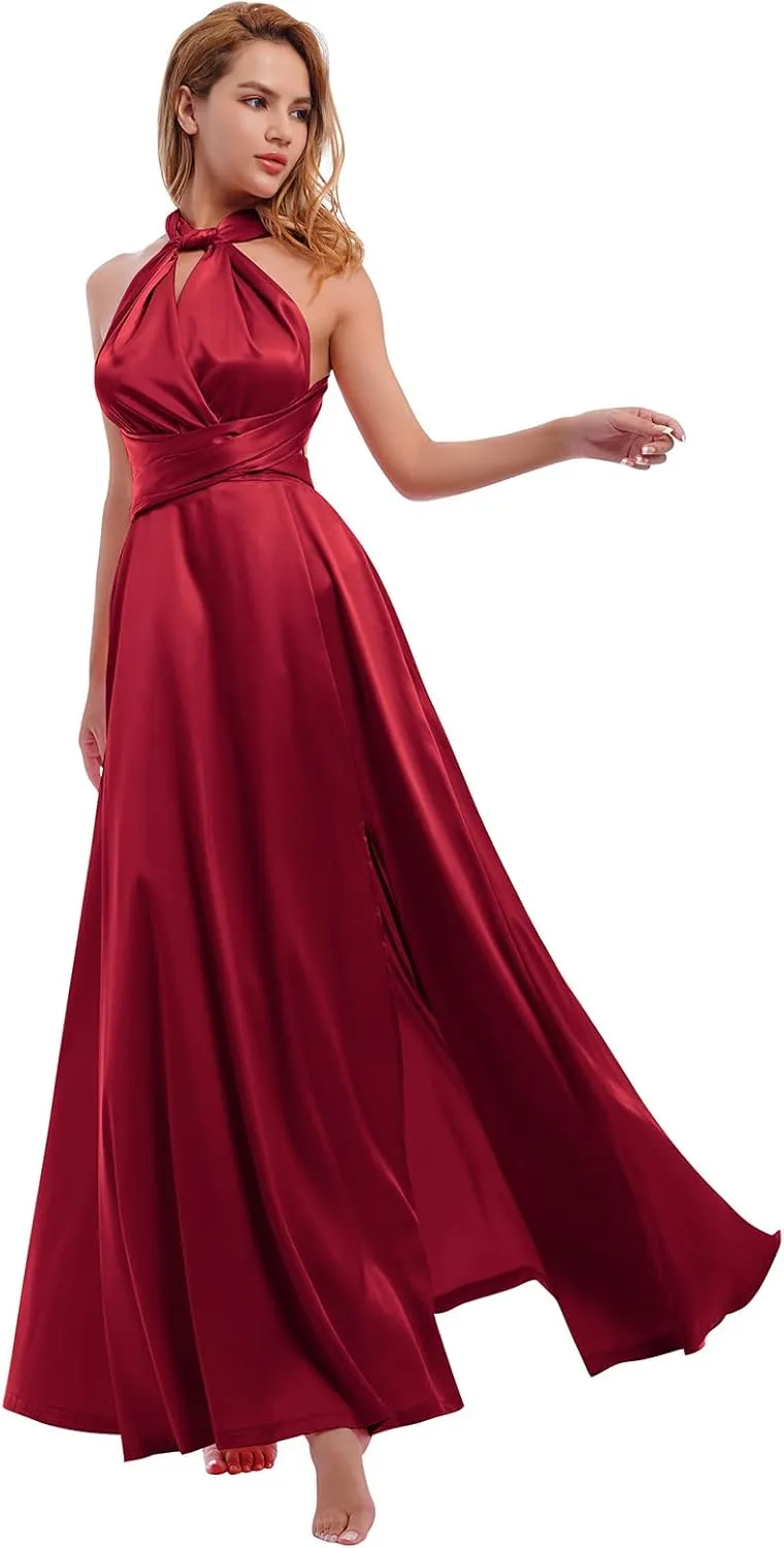 Women Satin Transformer Infinity Dress with Bandeau Convertible Bridesmaid Dress Split Long Formal Twist Wrap Multi-Way Dress