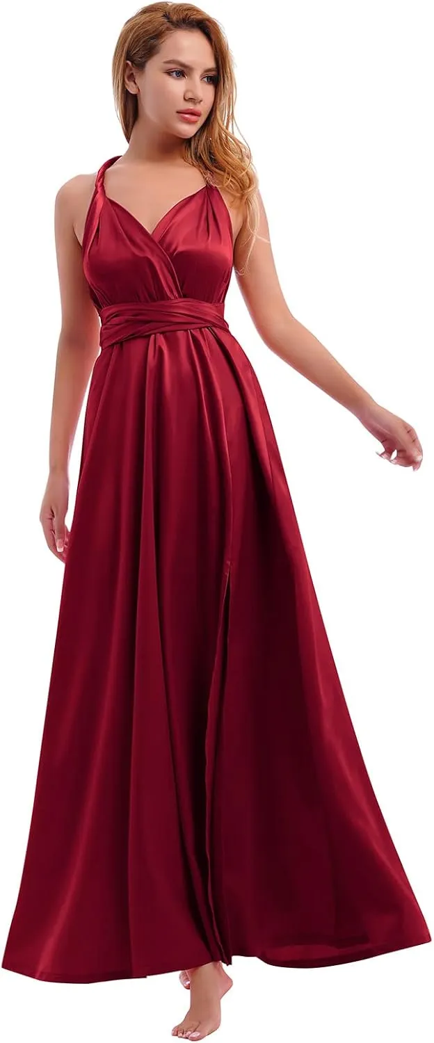 Women Satin Transformer Infinity Dress with Bandeau Convertible Bridesmaid Dress Split Long Formal Twist Wrap Multi-Way Dress