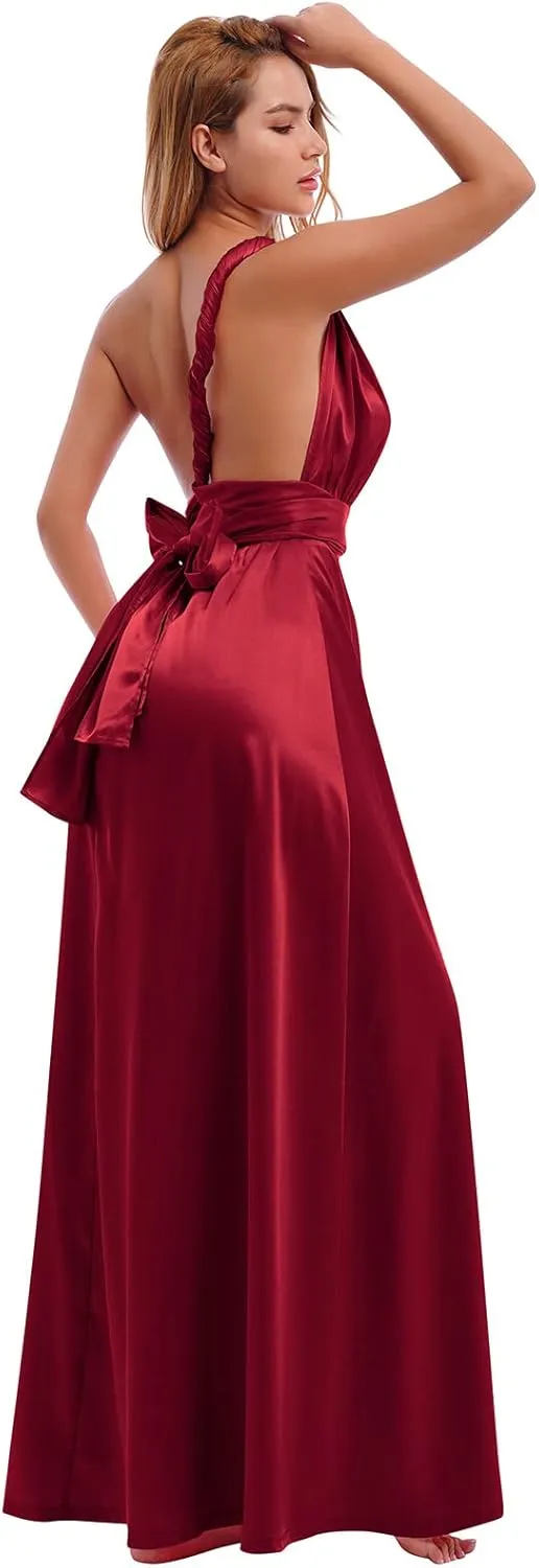 Women Satin Transformer Infinity Dress with Bandeau Convertible Bridesmaid Dress Split Long Formal Twist Wrap Multi-Way Dress