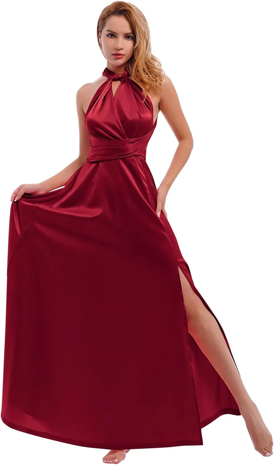 Women Satin Transformer Infinity Dress with Bandeau Convertible Bridesmaid Dress Split Long Formal Twist Wrap Multi-Way Dress