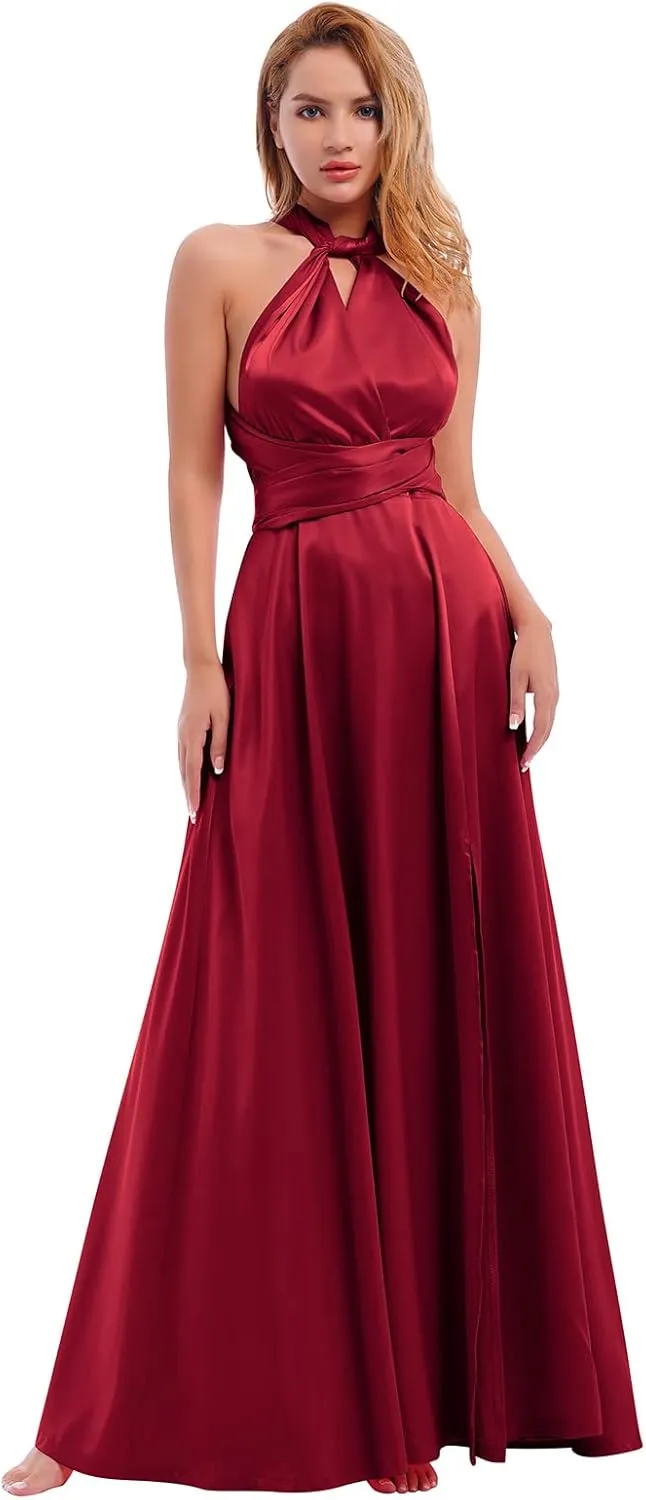 Women Satin Transformer Infinity Dress with Bandeau Convertible Bridesmaid Dress Split Long Formal Twist Wrap Multi-Way Dress